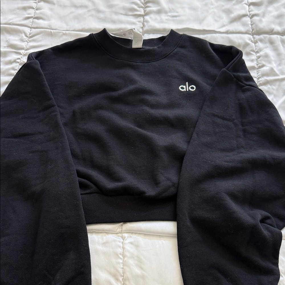ALO Yoga Black Crewneck Sweatshirt with White Logo